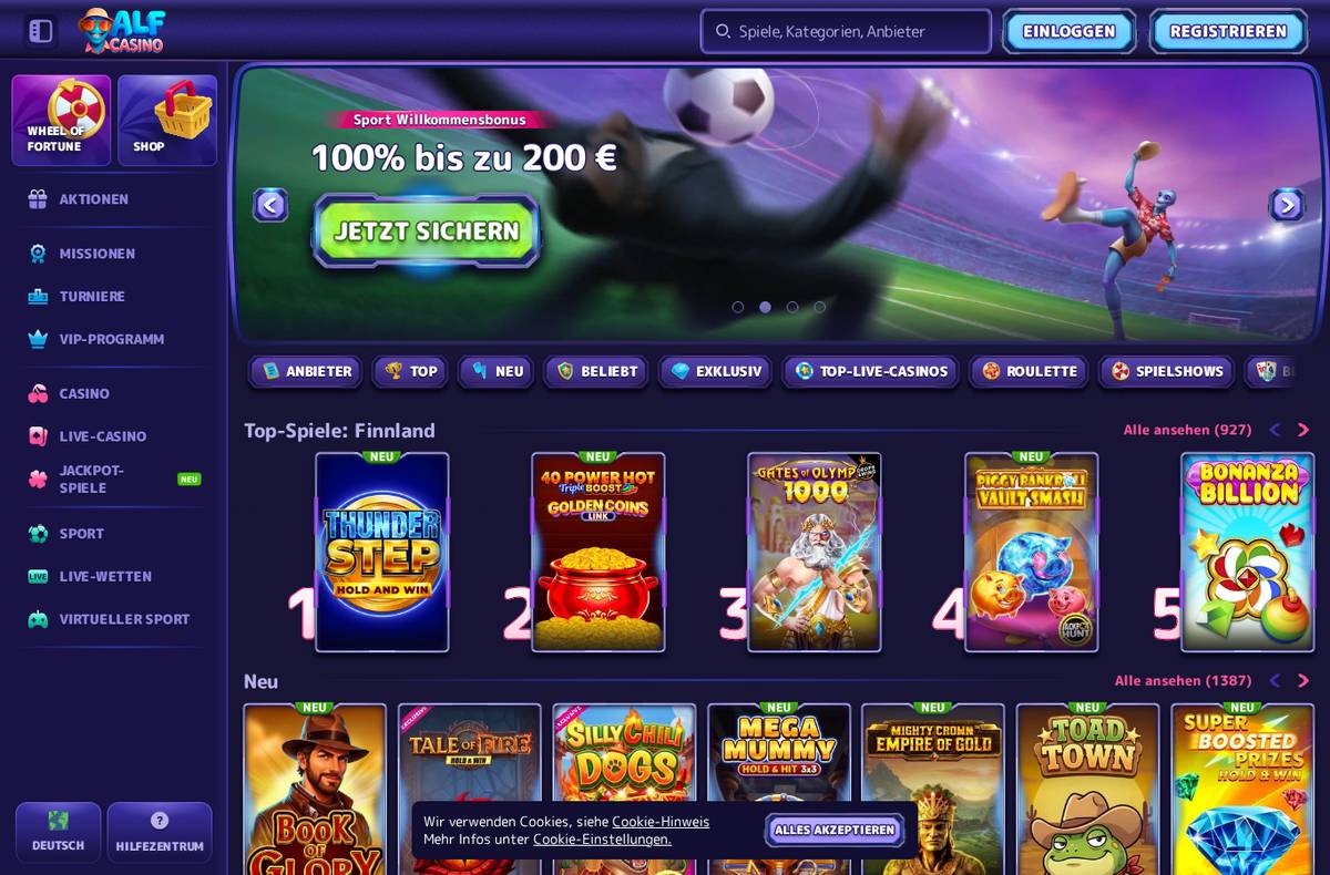 Alf Casino Casino Lobby – Screenshot unserer Testsitzung vom 2. September 2026