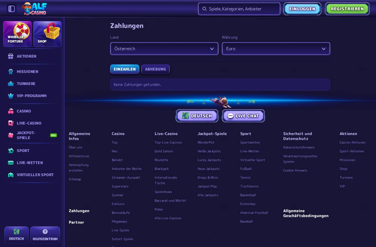 Zahlungsmethoden bei Alf Casino (Österreich)