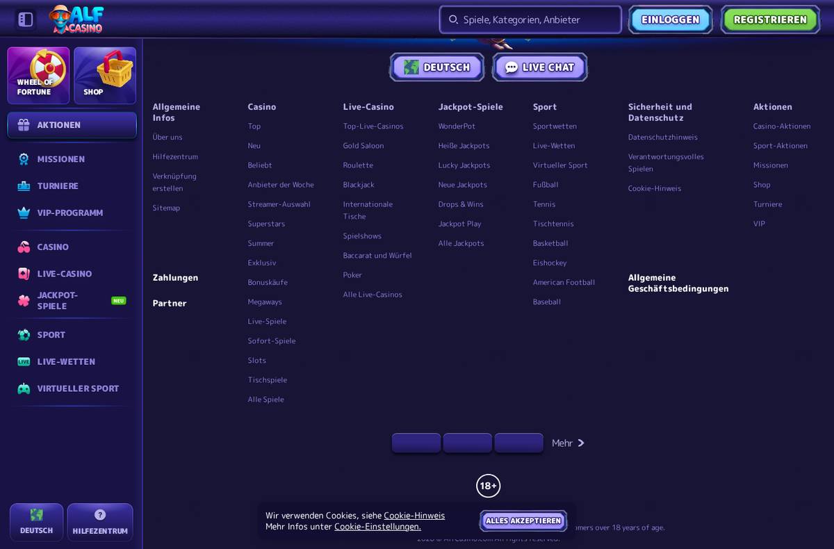 Alf Casino Aktionsseite – laufende Boni und Promotions (Screenshot 02.09.2026)