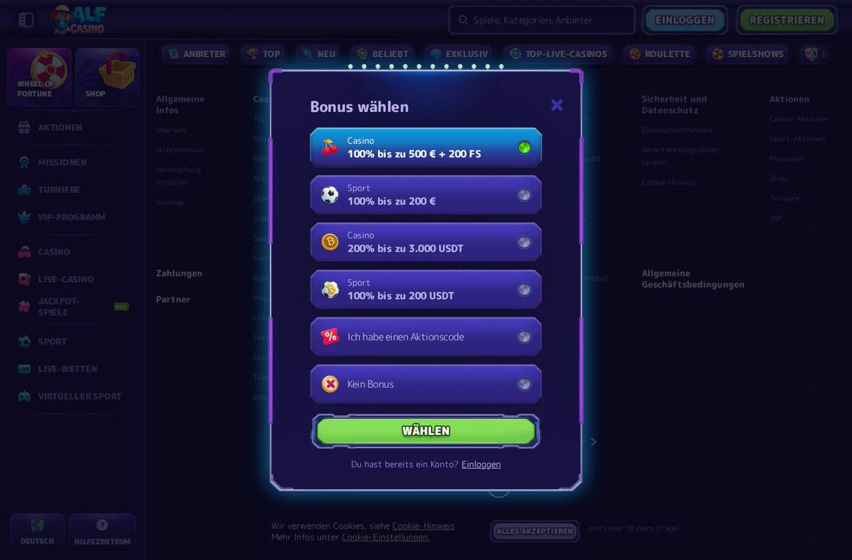 Registrierung und Bonusauswahl bei Alf Casino
