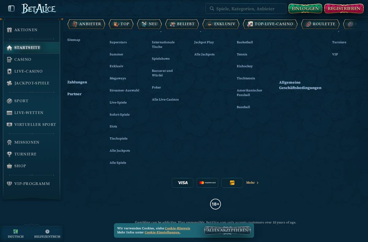 Footer von BetAlice