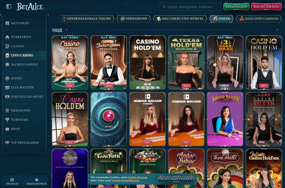 BetAlice Casino Lobby – Screenshot unserer Testsitzung vom 2. September 2026