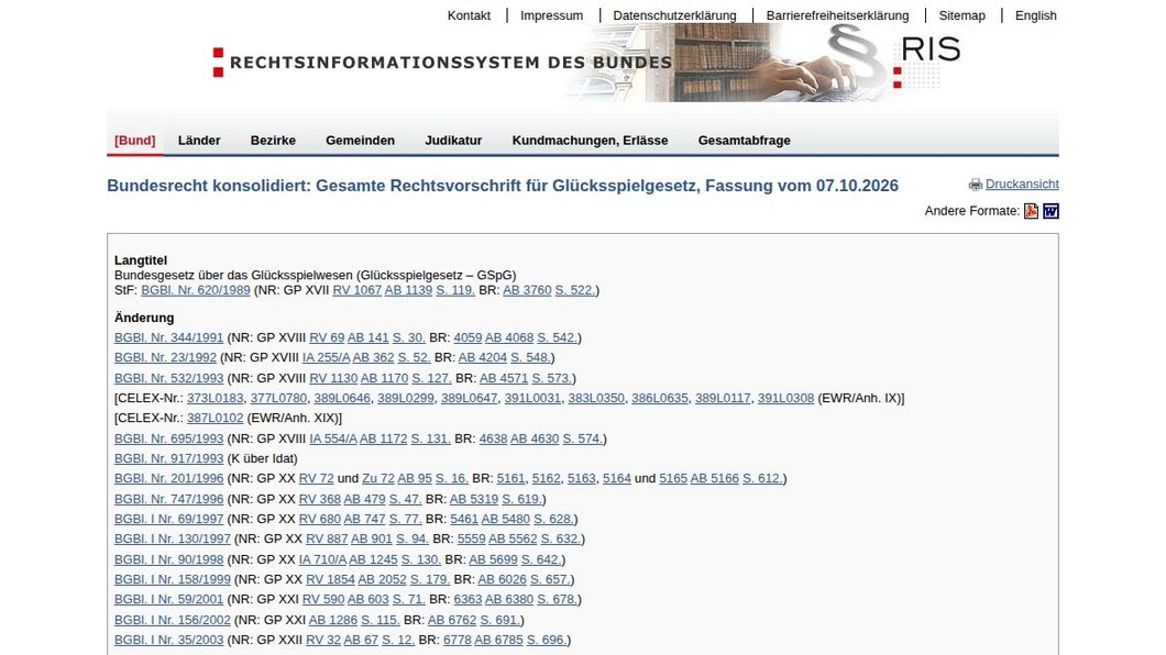 RIS - Glücksspielgesetz - Bundesrecht konsolidiert, Fassung vom 07.10.2026