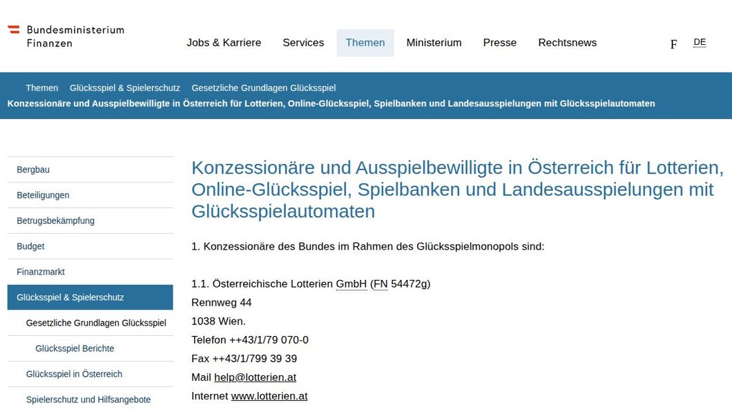Konzessionäre und Ausspielbewilligte in Österreich für Lotterien, Online-Glücksspiel, Spielbanken und Landesausspielunge