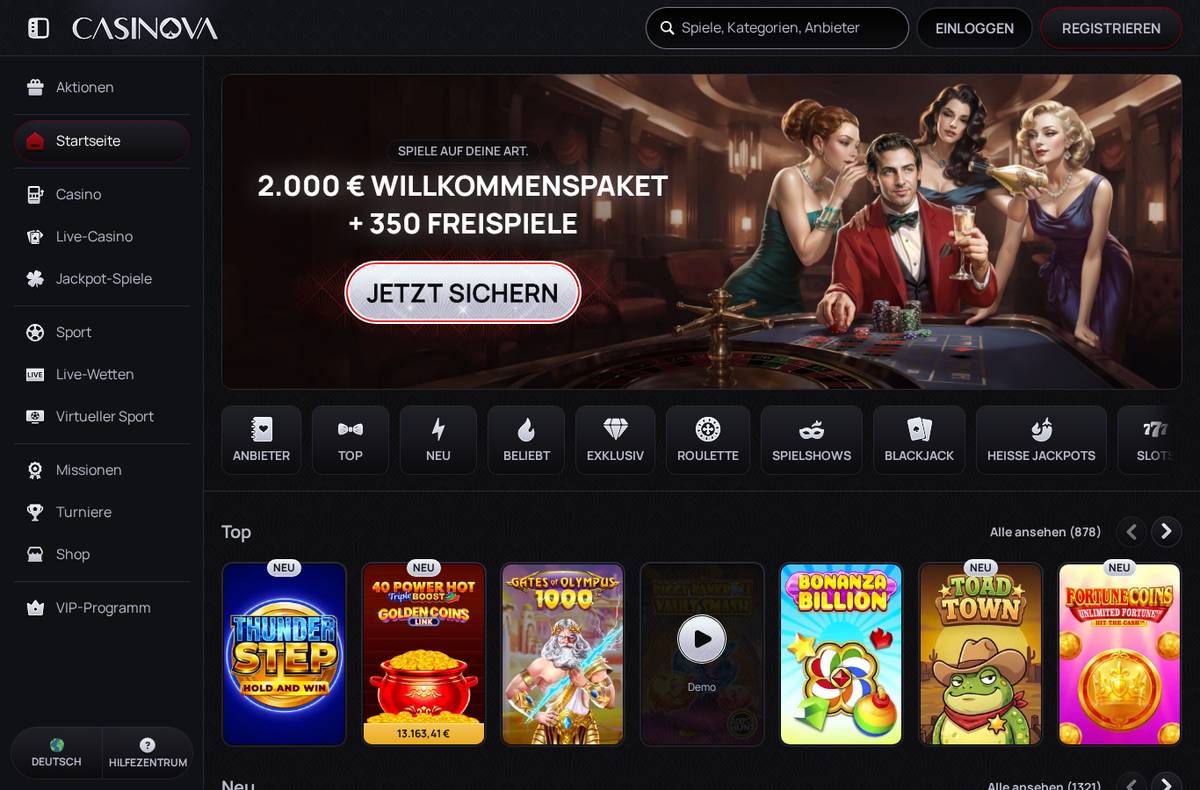Casinova Casino Lobby – Screenshot unserer Testsitzung vom 2. September 2026