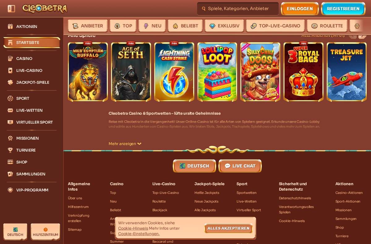 Cleobetra Casino Lobby – Screenshot unserer Testsitzung vom 2. September 2026