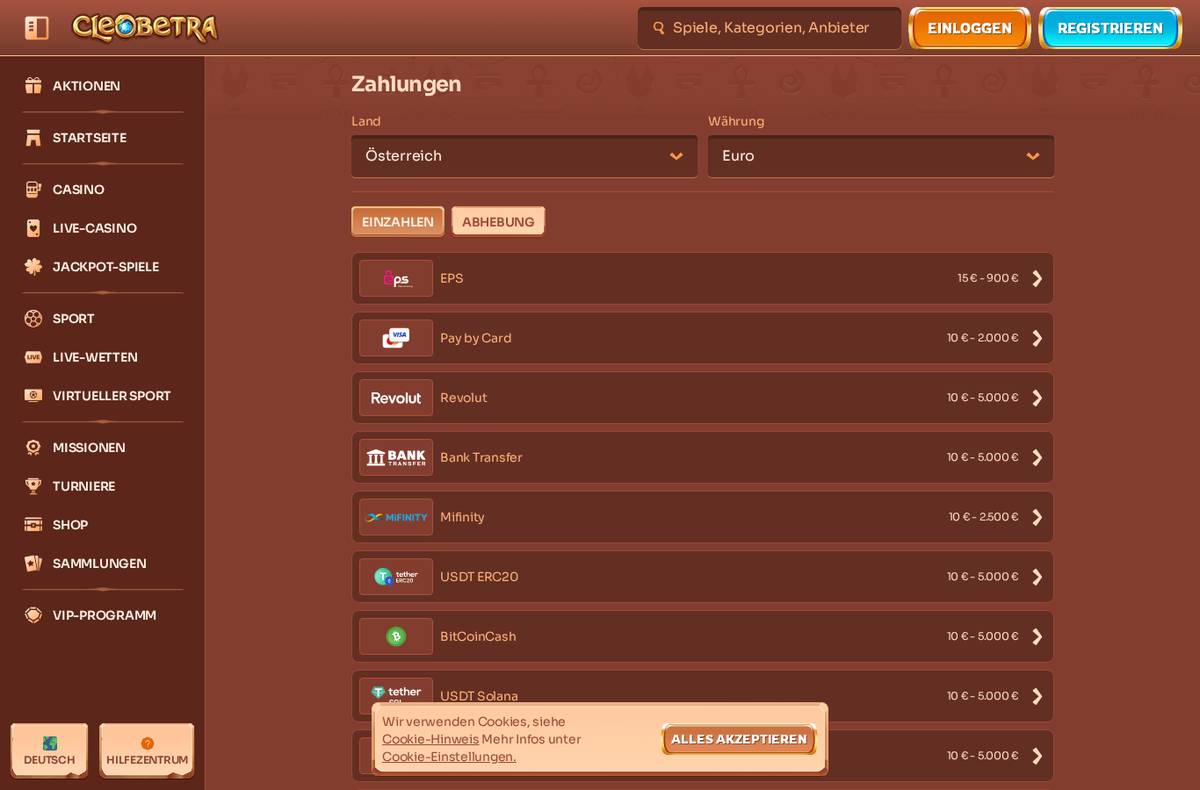Zahlungsmethoden bei Cleobetra (Österreich)