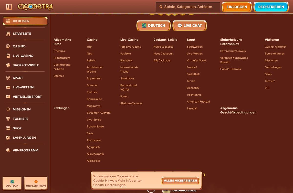 Cleobetra Aktionsseite – laufende Boni und Promotions (Screenshot 02.09.2026)