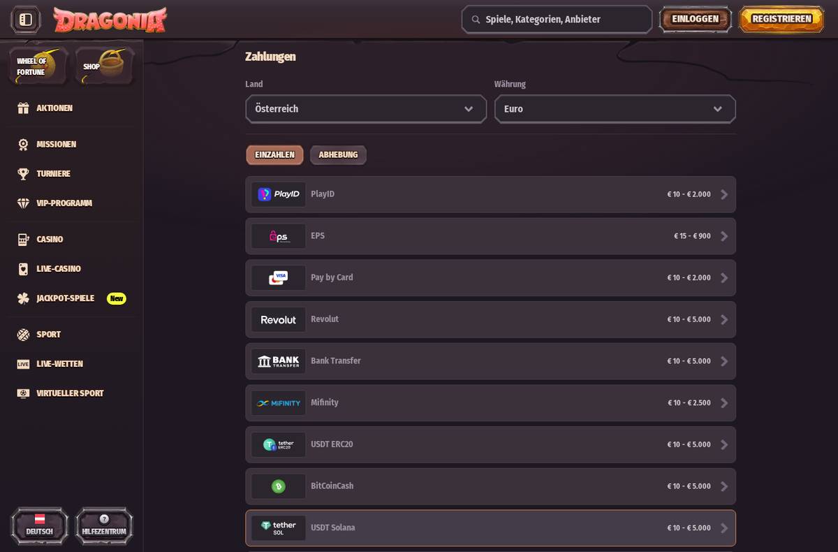 Dragonia Zahlungsmethoden für Österreich – EPS, Karte, Krypto (Screenshot 02.09.2026)