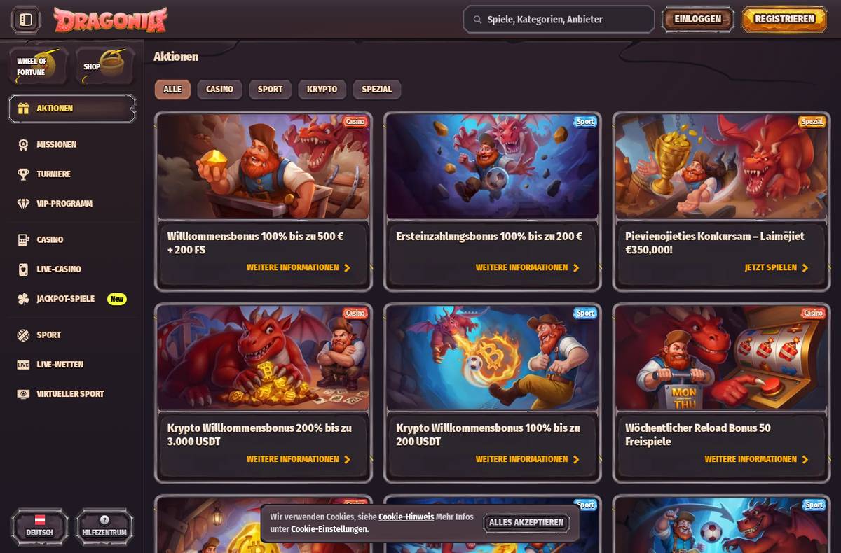 Aktionsseite von Dragonia mit den aktuellen Bonusangeboten