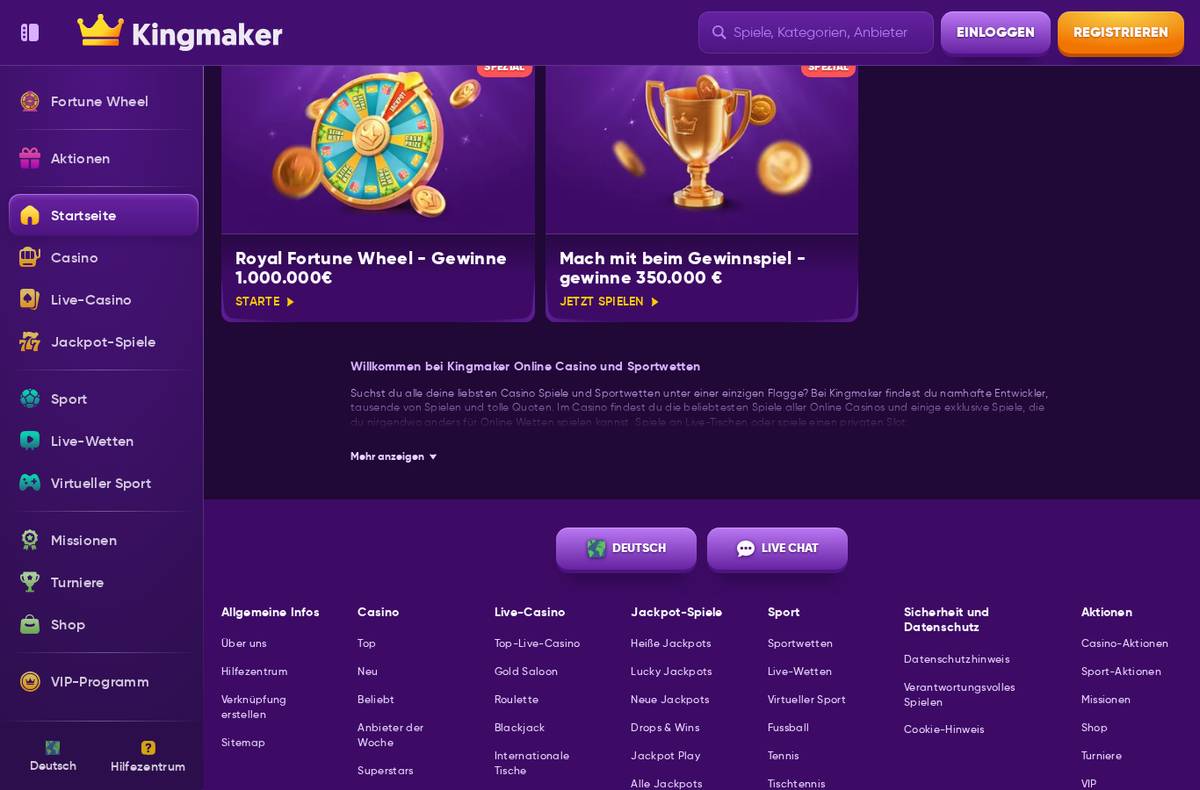 Kingmaker Casino Lobby – Screenshot unserer Testsitzung vom 2. September 2026