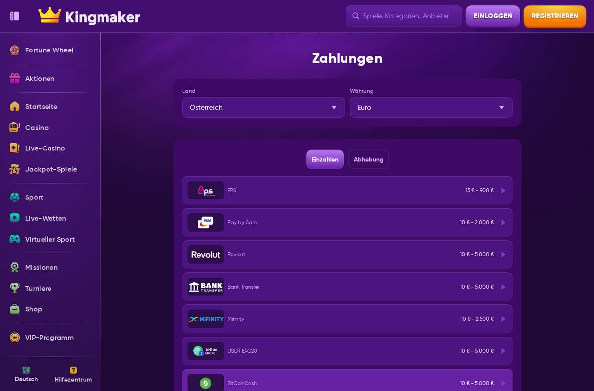 Kingmaker Zahlungsmethoden für Österreich – EPS, Karte, Revolut, Krypto (Screenshot 02.09.2026)