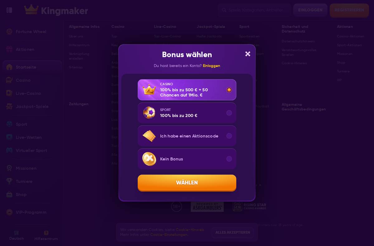 Registrierung und Bonusauswahl bei Kingmaker
