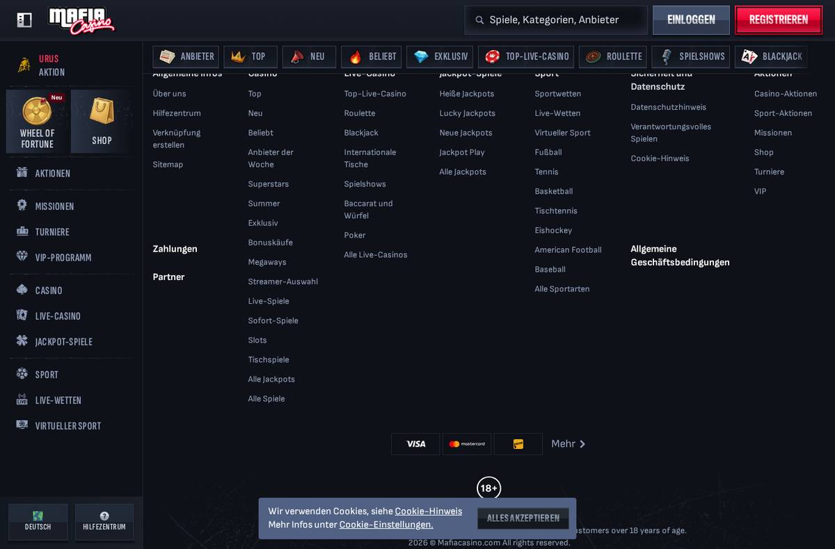Footer von Mafia Casino