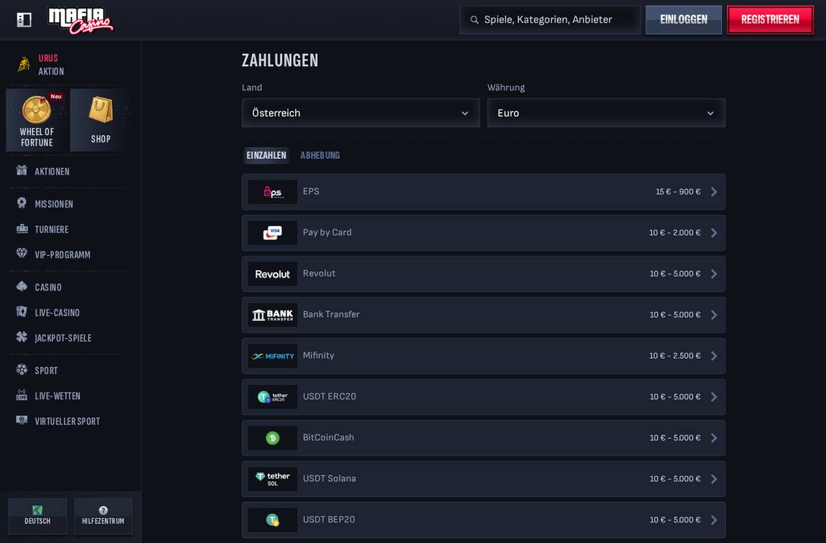 Mafia Casino Zahlungsmethoden für Österreich – EPS, Karte, Krypto (Screenshot 02.09.2026)
