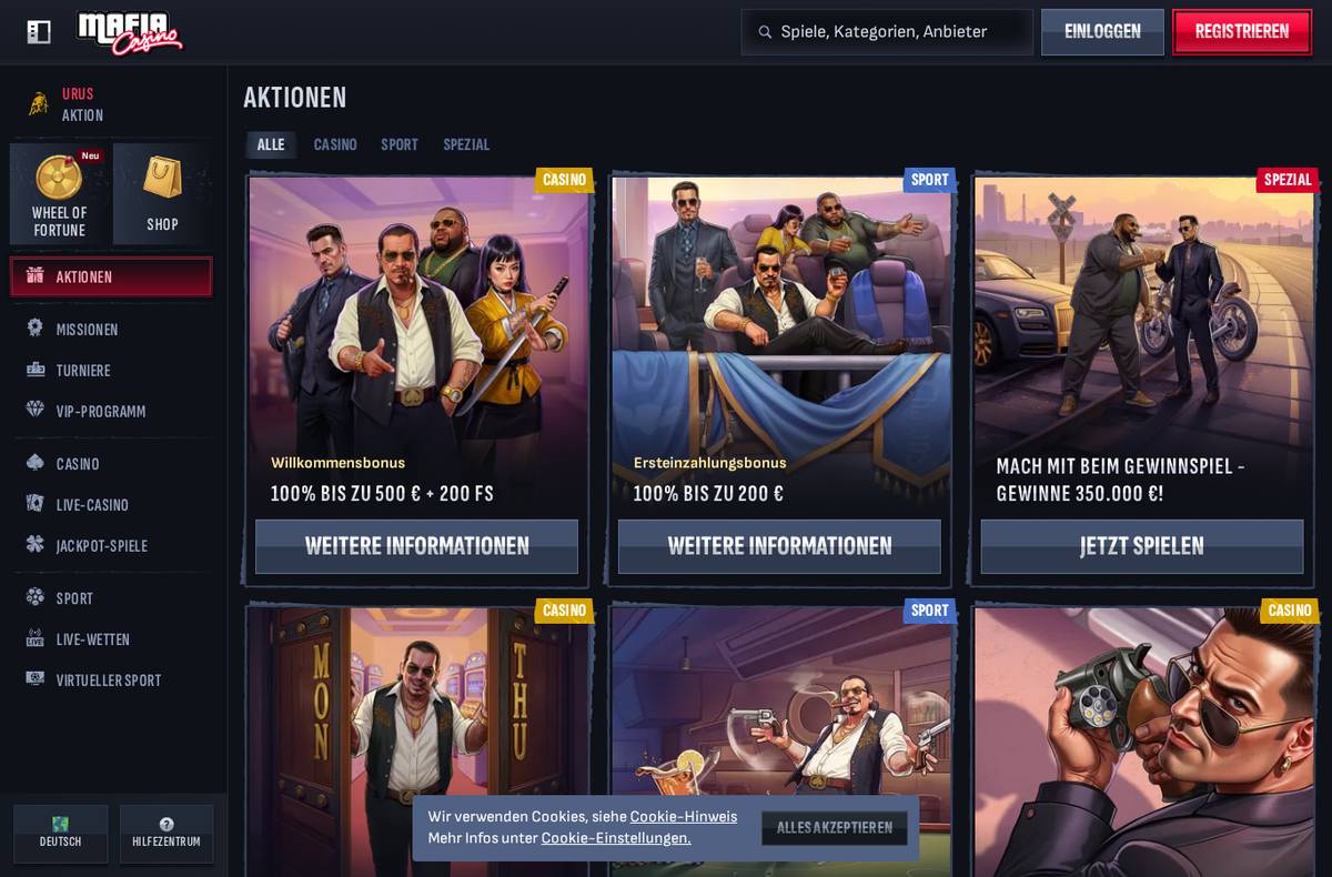 Aktionsseite von Mafia Casino