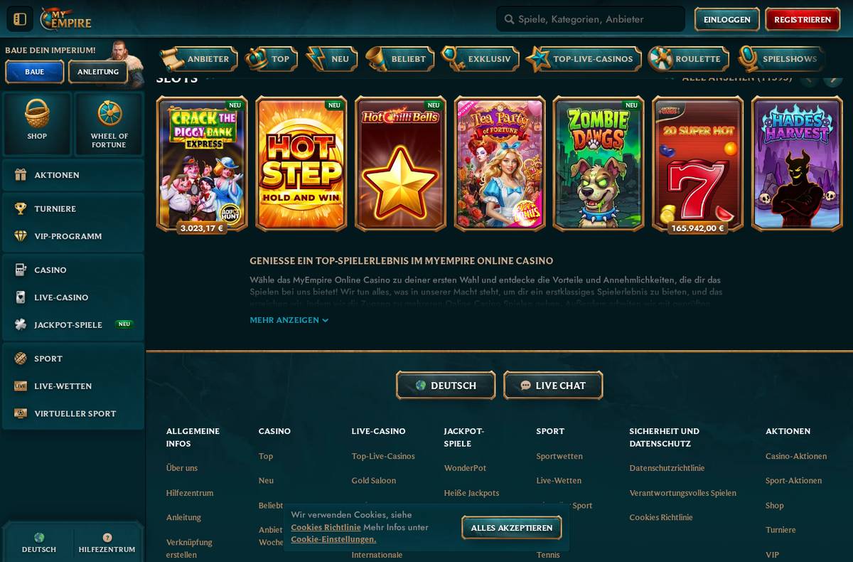 MyEmpire Casino Lobby – Screenshot unserer Testsitzung vom 2. September 2026