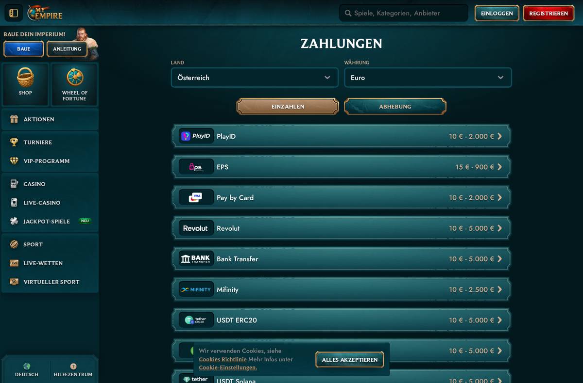 Zahlungsmethoden bei MyEmpire (Österreich)