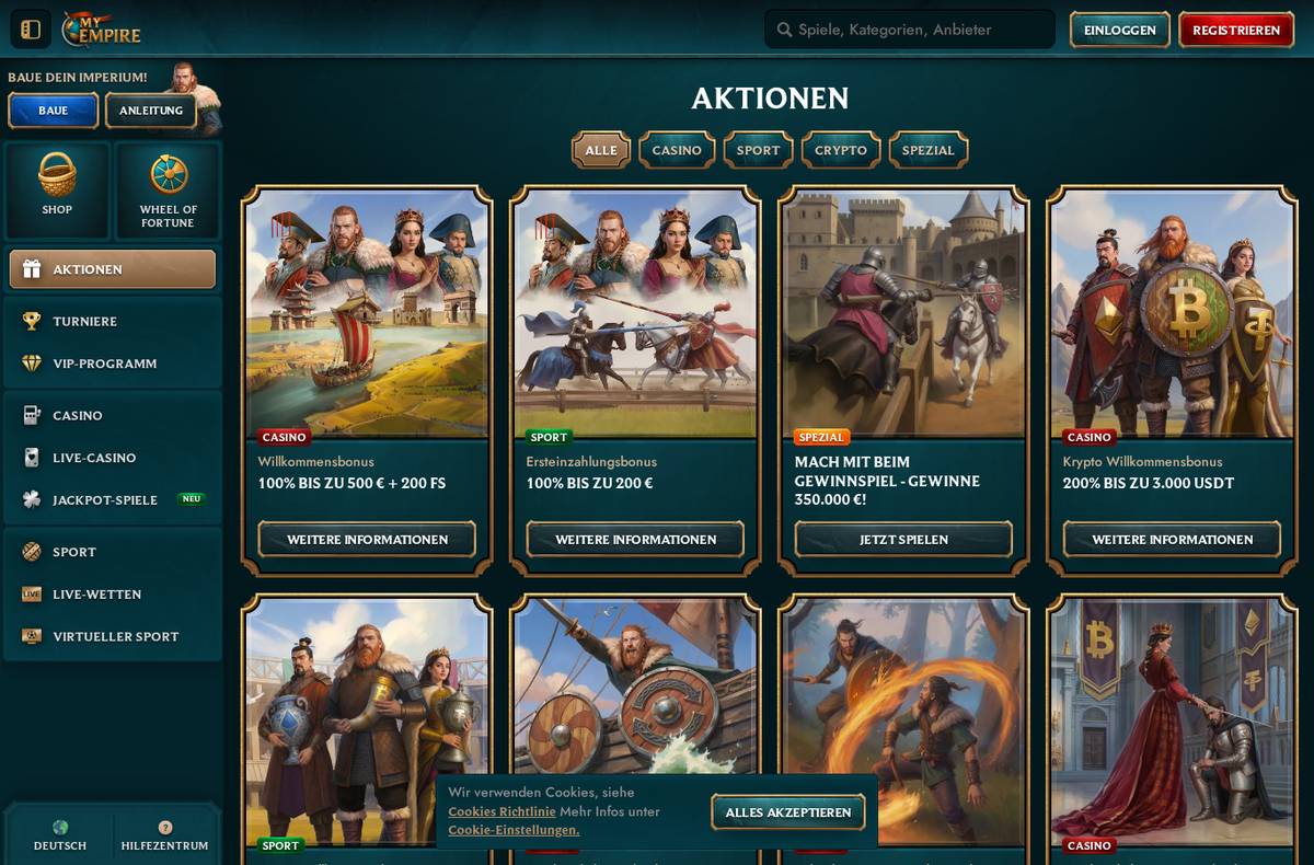 MyEmpire Aktionsseite – laufende Boni und Promotions (Screenshot 02.09.2026)