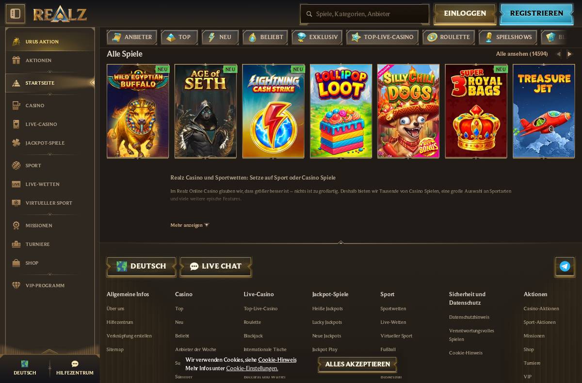 Realz Casino Lobby – Screenshot unserer Testsitzung vom 2. September 2026