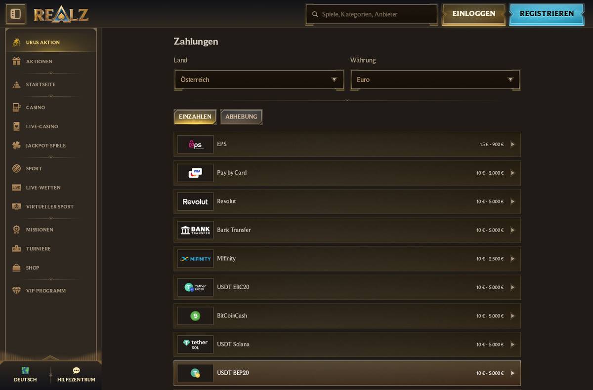 Realz Zahlungsmethoden für Österreich – EPS, Karte, Krypto (Screenshot 02.09.2026)