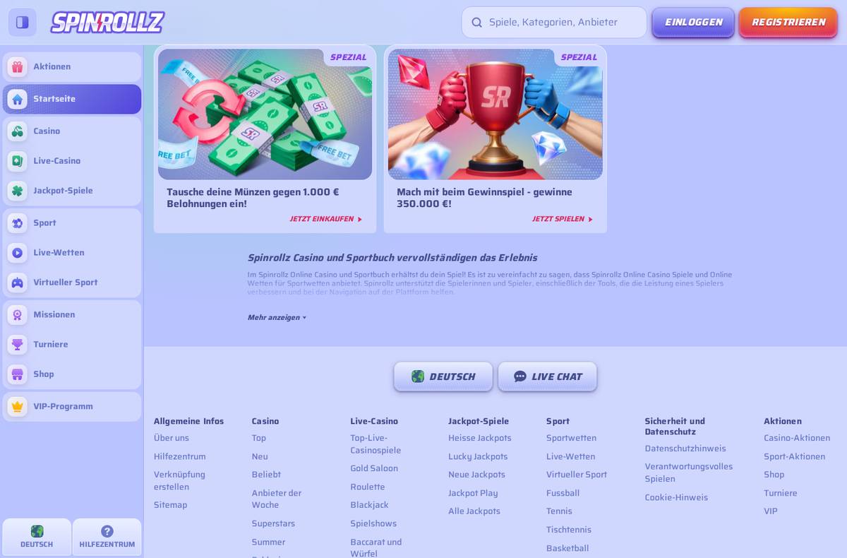 Spinrollz Casino Lobby – Screenshot unserer Testsitzung vom 2. September 2026