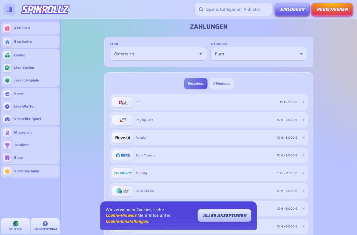 Zahlungsmethoden bei Spinrollz (Österreich)