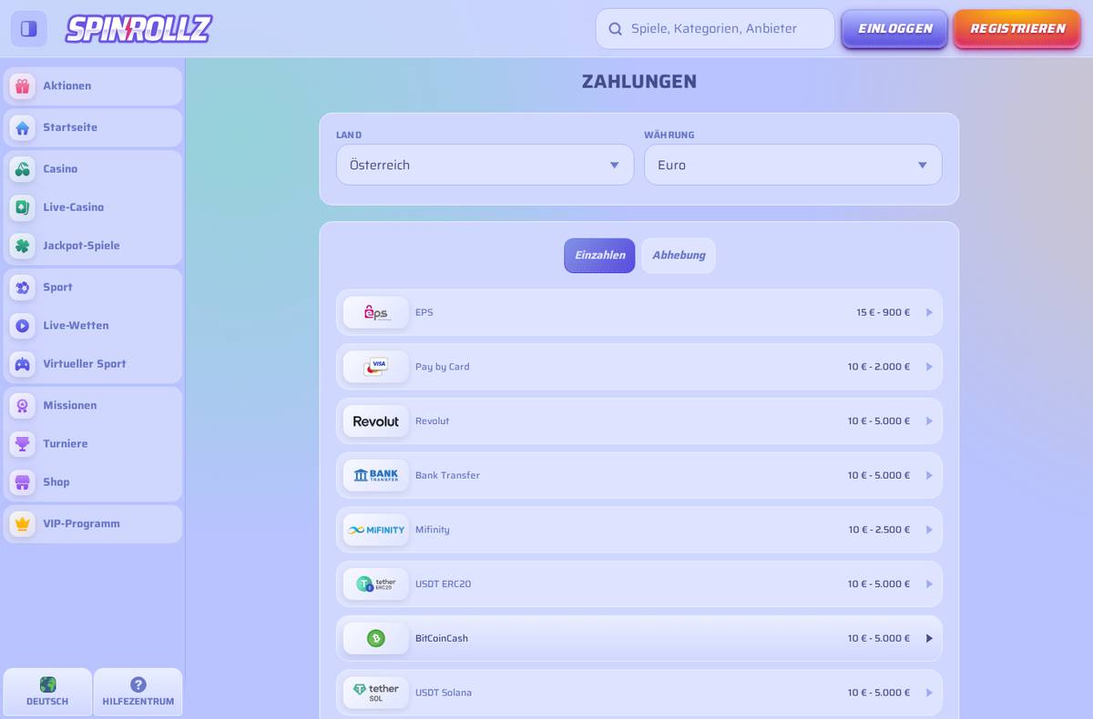 Spinrollz Zahlungsmethoden für Österreich – EPS, Karte, Krypto (Screenshot 02.09.2026)