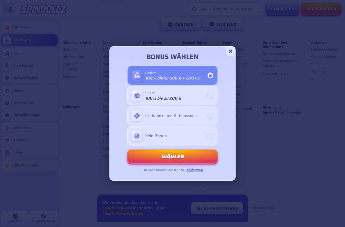 Registrierung und Bonusauswahl bei Spinrollz